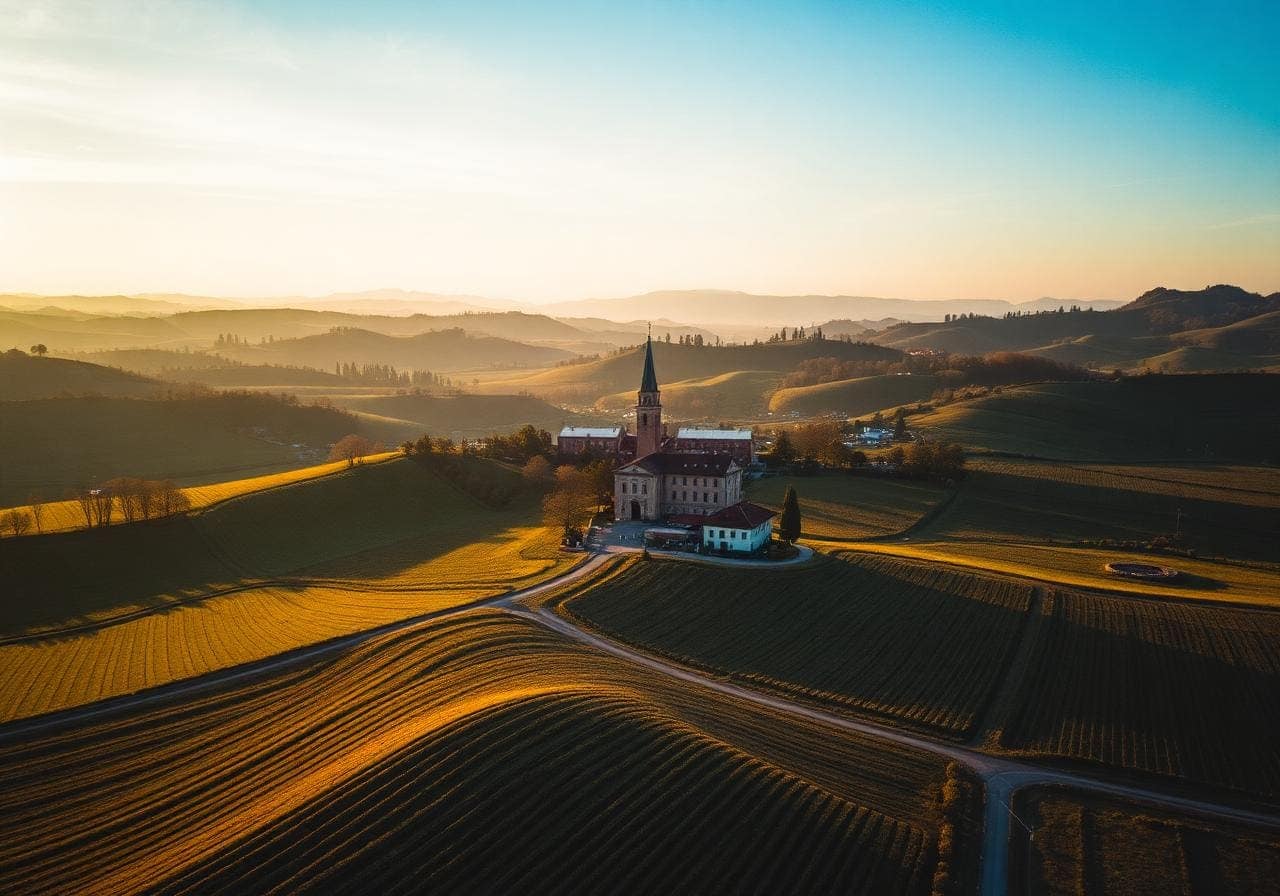 Veduta aerea delle colline e dei campi del Veneto